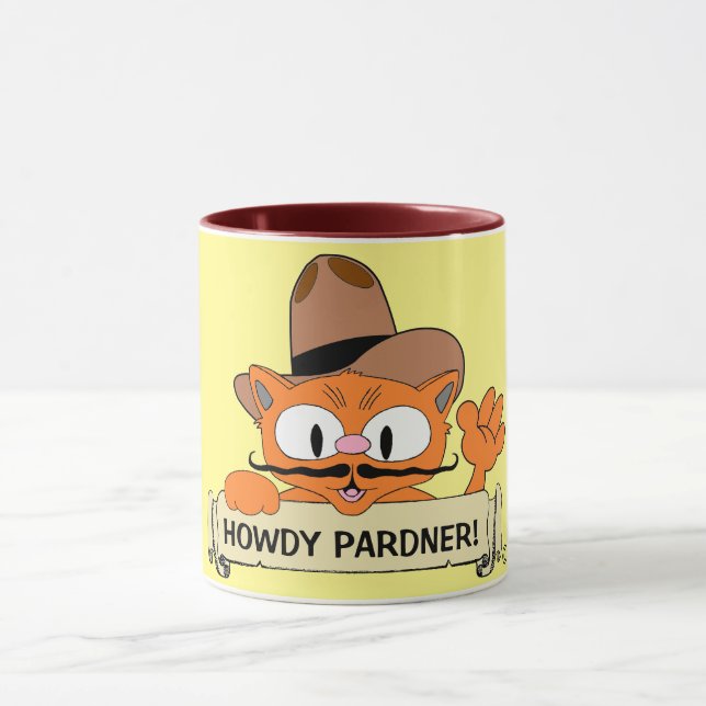 "HOWDY PARDNER!" Cartoon Cowboy Moustache Cat Funn Mug (Center)