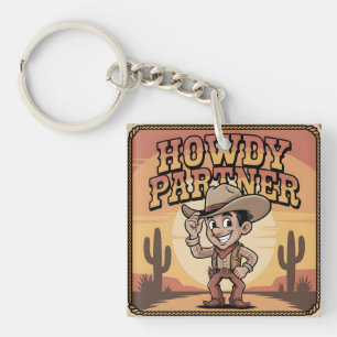 "Howdy Partner" Retro Cowboy Sunset Illustration Keychain