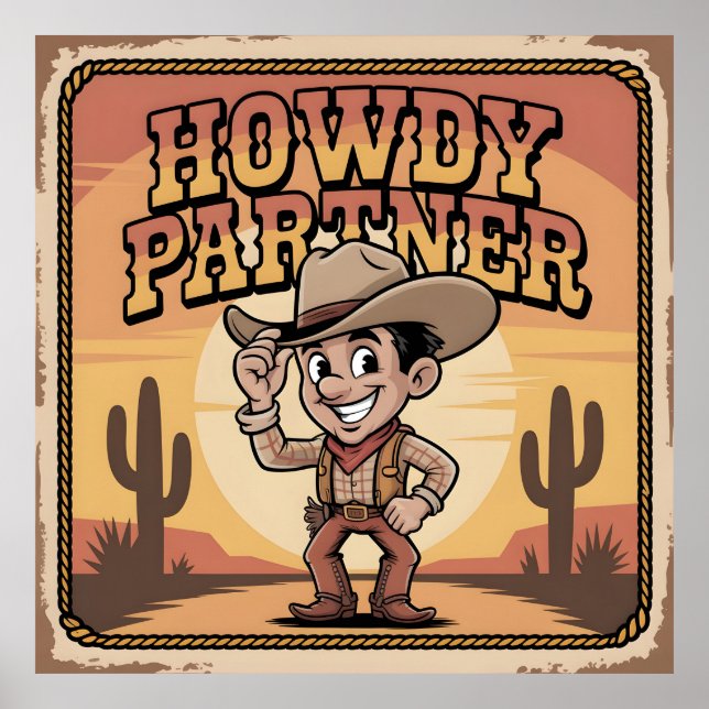 "Howdy Partner" Retro Cowboy Sunset Illustration Poster (Front)