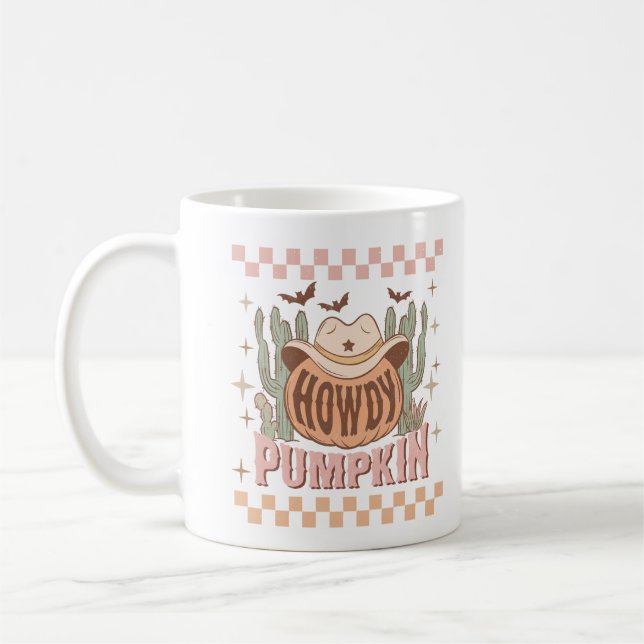 Howdy Pumpkin Halloween Retro Western Cowgirl Coffee Mug (Left)