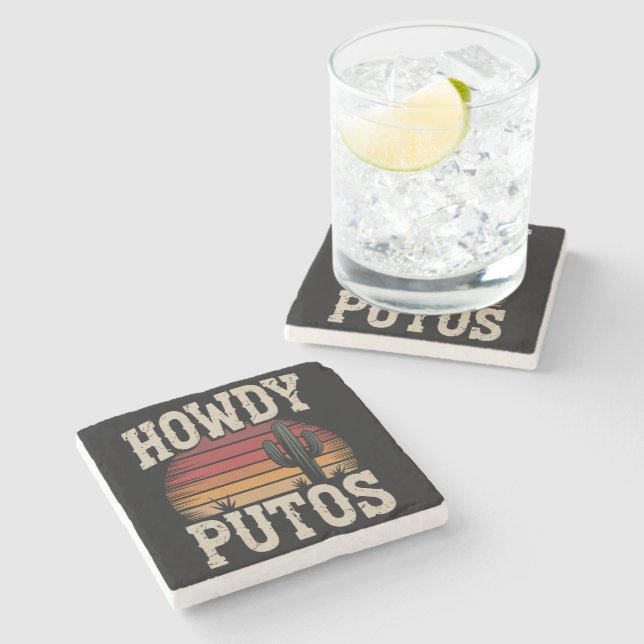 Howdy Putos Funny Cactus Retro Vintage Stone Coaster (Side)
