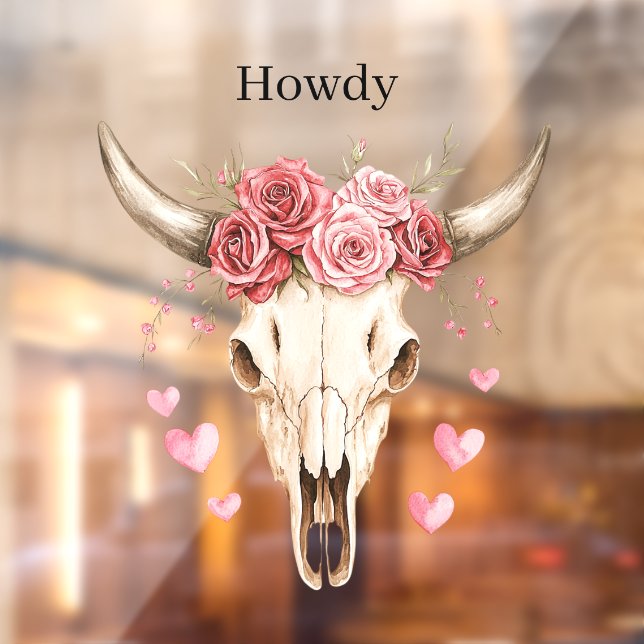 Howdy Skull Pink Roses Hearts Window Cling (Sheet 2)