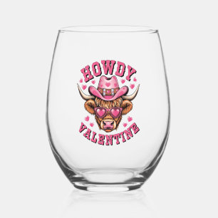 Howdy Valentine Cow Valentines Da&y Coquette Love  Stemless Wine Glass