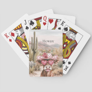 Howdy Western Cow in Pink Heart Sunglasses Playing Cards