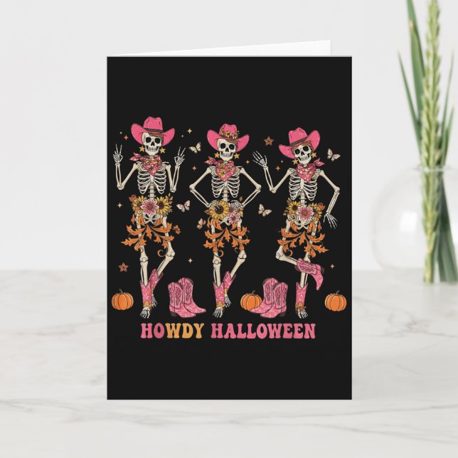Howdy Western Skeleton Cowgirls Dancing Halloween  Card (Front)
