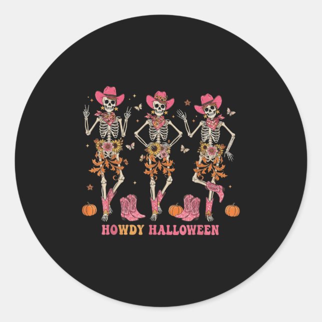 Howdy Western Skeleton Cowgirls Dancing Halloween  Classic Round Sticker (Front)