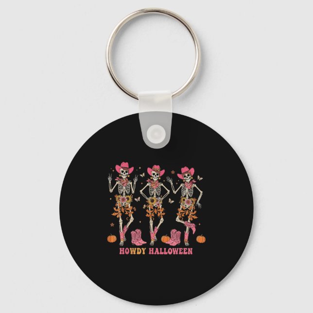 Howdy Western Skeleton Cowgirls Dancing Halloween  Keychain (Front)