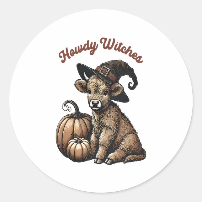 Howdy Witches Halloween Highland Cow Classic Round Sticker (Front)