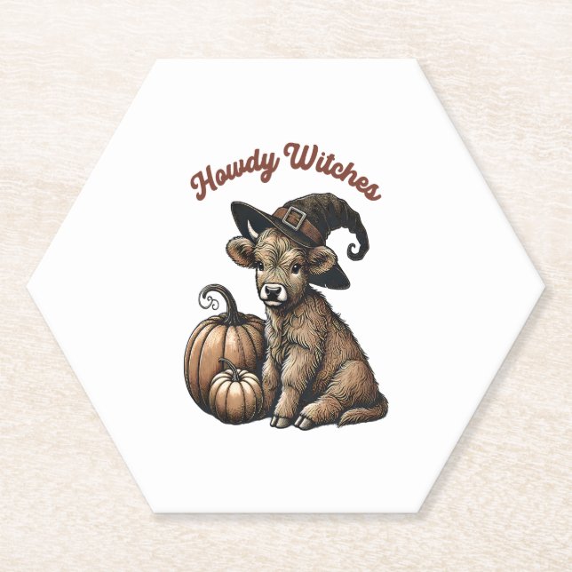 Howdy Witches Halloween Highland Cow Paper Coaster (Front)