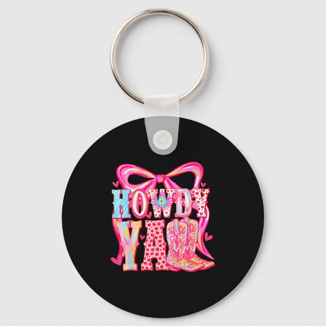 Howdy Yall Cowboy Boots Coquette Bow Western Valen Keychain (Front)