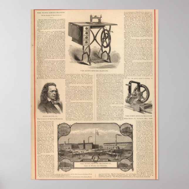 Howe Sewing Maching with Sketch of the Inventor Poster (Front)