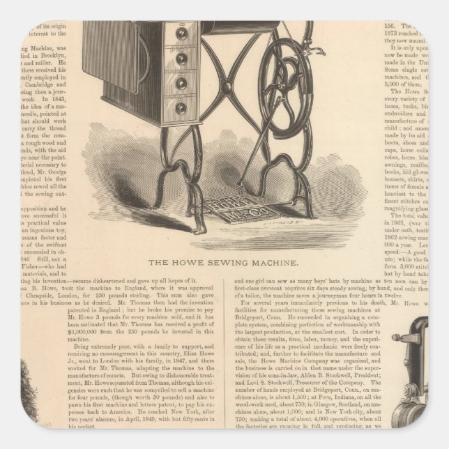 Howe Sewing Maching with Sketch of the Inventor Square Sticker (Front)