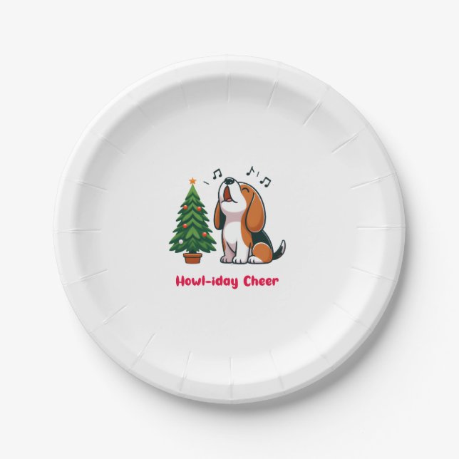 Howl-iday Cheer Beagle With A Christmas Tree Desig Paper Plate (Front)