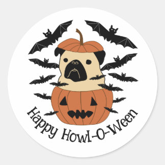 Howl-O-Ween Pug in a Jack-O-Lantern with Bats Classic Round Sticker