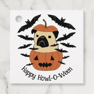 Howl-O-Ween Pug in a Jack-O-Lantern with Bats Favour Tags