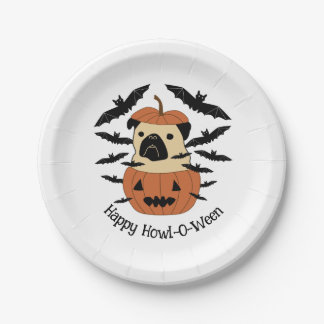 Howl-O-Ween Pug in a Jack-O-Lantern with Bats Paper Plate