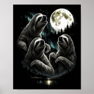 Howling 3 sloth moon vintage retro style funny poster