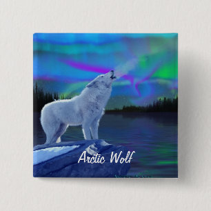 Howling Arctic Wolf & Aurora Wildlife Art Badge 2 Inch Square Button