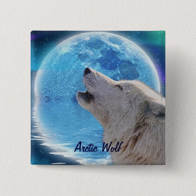 Howling Arctic Wolf & Moon Wildlife Badge 2 Inch Square Button (Front)