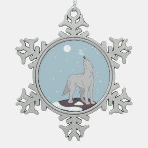 Howling Arctic Wolf Snowflake Pewter Christmas Ornament