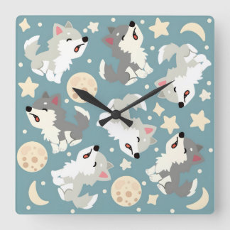 howling baby wolf square wall clock