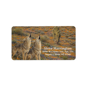 Howling Coyotes Poppies Saguaro Cactus Arizona Label