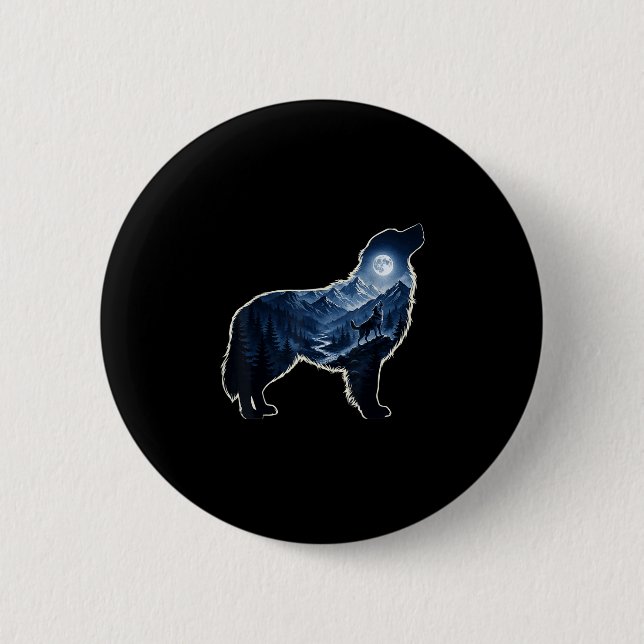 Howling dog moonlit mountain forest silhouette art 2 inch round button (Front)