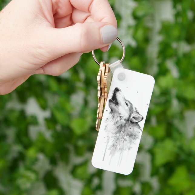 Howling Gray Wolf in Watercolor Painting Style Keychain (Hand)