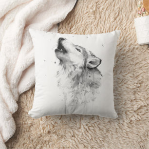 Howling Gray Wolf in Watercolor Painting Style Throw Pillow