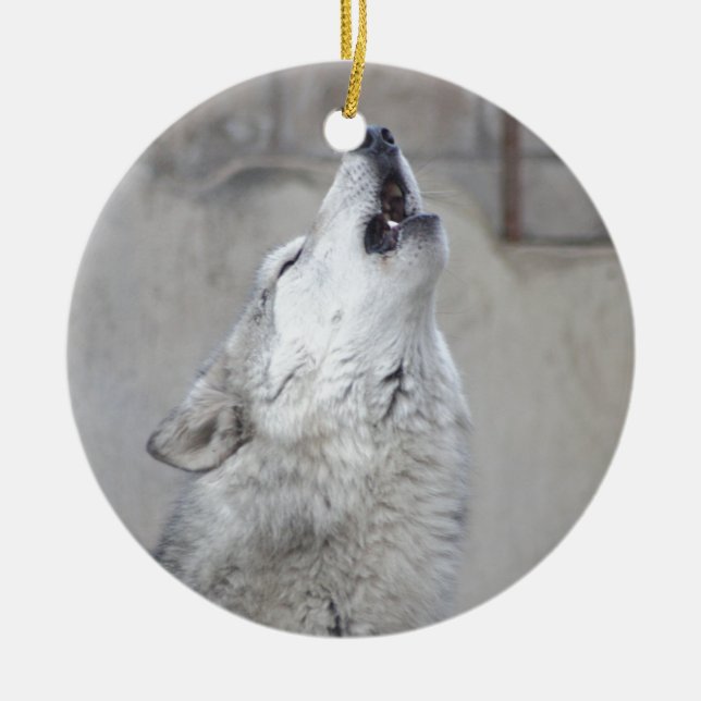 Howling Grey Wolf Ceramic Ornament (Front)