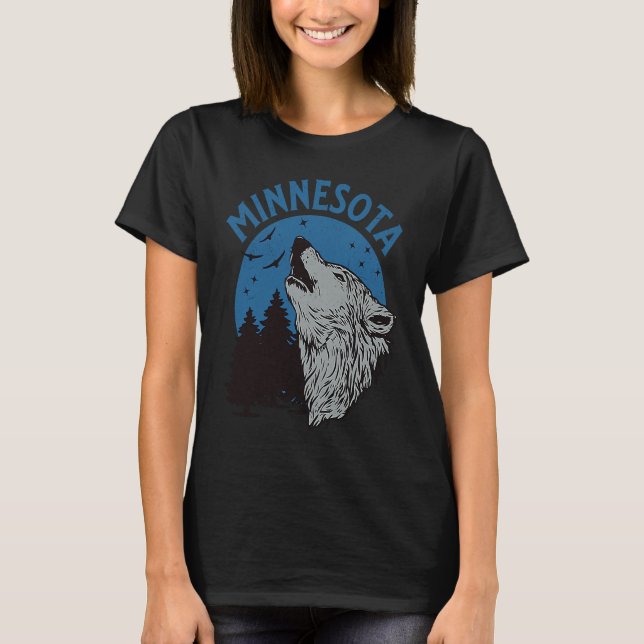 Howling Grey Wolf in Minnesota Forest Blue Moon T-Shirt (Front)