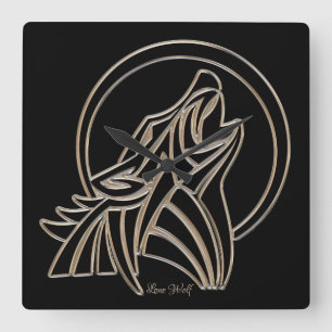 Howling Lone Wolf Elegant Black Silver Grey Square Wall Clock