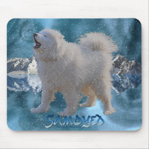 Howling Samoyed Dog in Falling Snow Pet Mousemat Mouse Pad