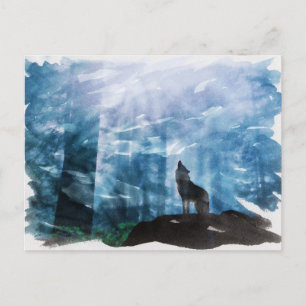 Howling to the moon Wolf in the night Watercolor Postcard