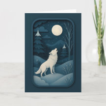 Howling White Wolf Under Moonlight Card