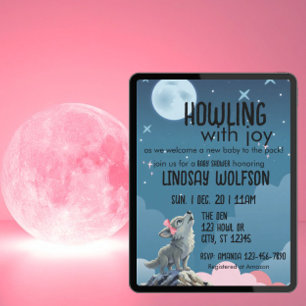 Howling with Joy, Wolf Pink Baby Shower Invitation