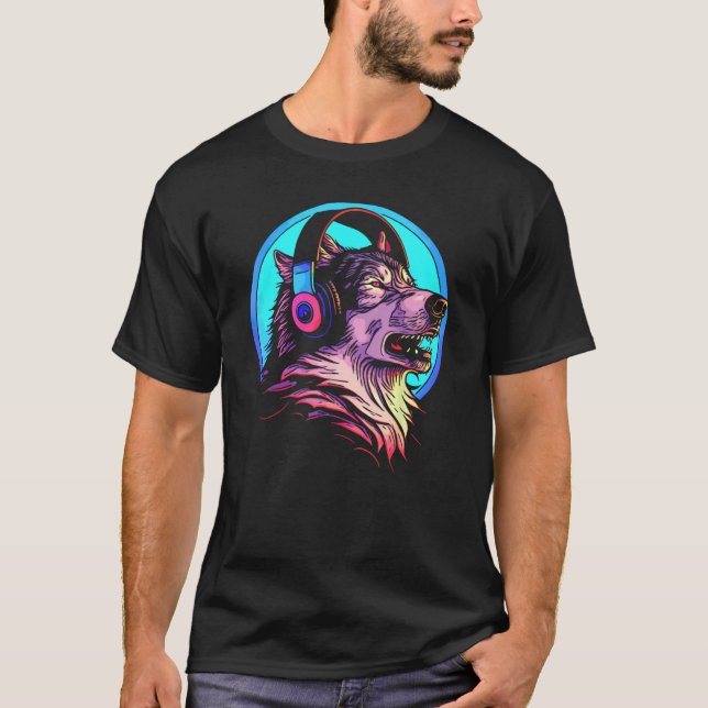 Howling Wolf 80s Werewolf With Headphones Retro Mu T-Shirt (Front)