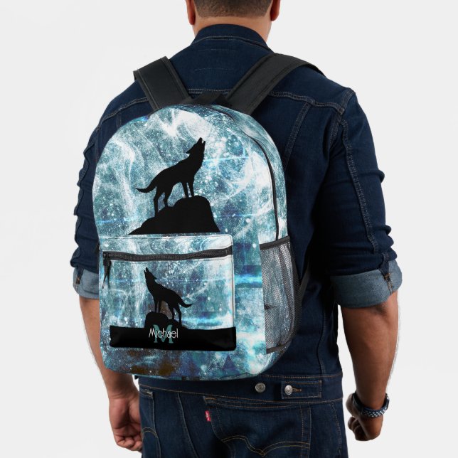 Howling Wolf abstract aqua blue black Monogram Printed Backpack (Insitu (Model))