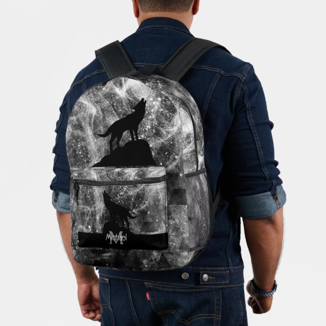 Howling Wolf abstract Black and White Monogram Printed Backpack (Insitu (Model))