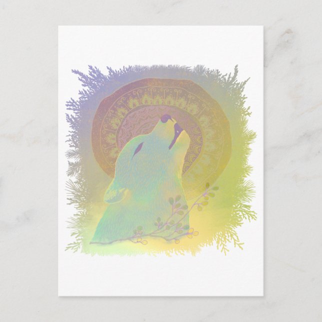 Howling Wolf and Mandala Plants Branches Frame Postcard (Front)