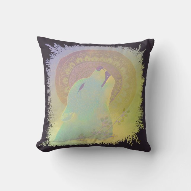 Howling Wolf and Mandala Plants Branches Frame Throw Pillow (Front)