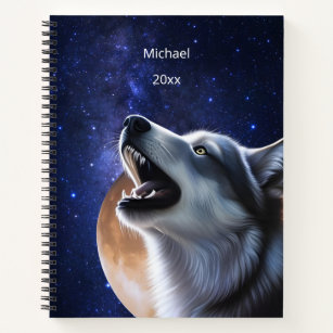 Howling Wolf And Moon   Monogram Notebook