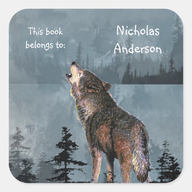 Howling Wolf Animal Nature art Custom Bookplate Square Sticker (Front)
