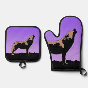 Howling Wolf at Sunset  - Original Wildlife Art Oven Mitt & Pot Holder Set