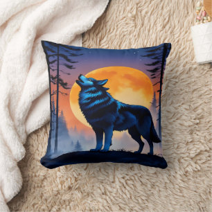 Howling Wolf Beneath Night Sky at Moonrise Throw Pillow