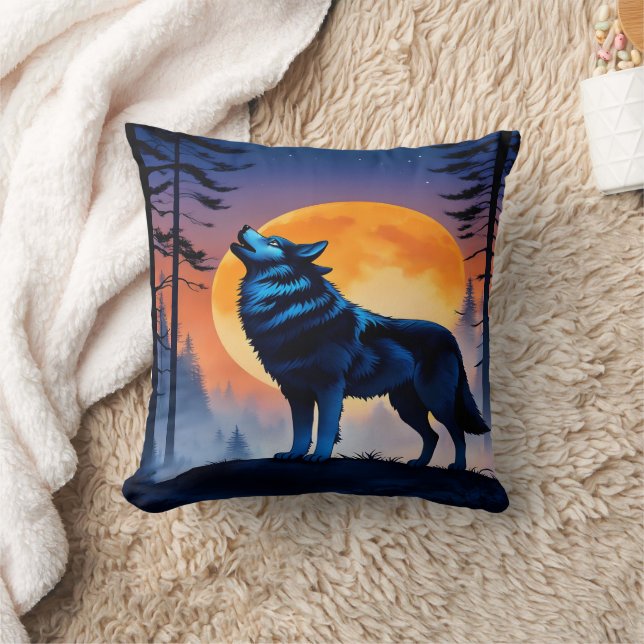 Howling Wolf Beneath Night Sky at Moonrise Throw Pillow (Blanket)