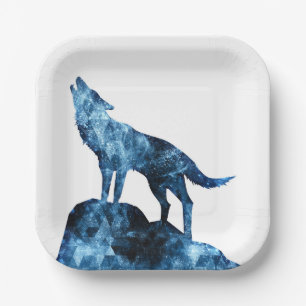 Howling Wolf blue sparkly smoke silhouette Paper Plate