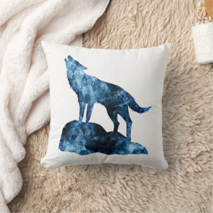 Howling Wolf blue sparkly smoke silhouette Throw Pillow