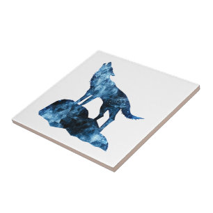 Howling Wolf blue sparkly smoke silhouette Tile
