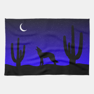 Howling Wolf Desert Night Silhouette Kitchen Towel